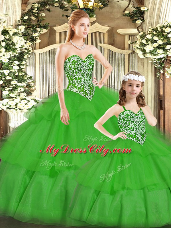 Eye-catching Sleeveless Floor Length Beading Lace Up Sweet 16 Dresses with Green