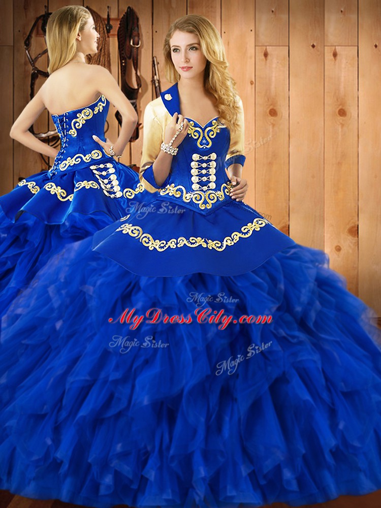 Deluxe Satin and Organza Sleeveless Floor Length Vestidos de Quinceanera and Embroidery and Ruffles