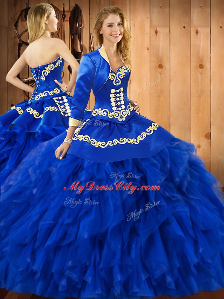 Deluxe Satin and Organza Sleeveless Floor Length Vestidos de Quinceanera and Embroidery and Ruffles