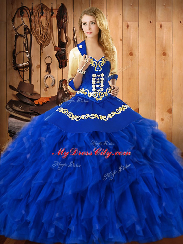 Deluxe Satin and Organza Sleeveless Floor Length Vestidos de Quinceanera and Embroidery and Ruffles