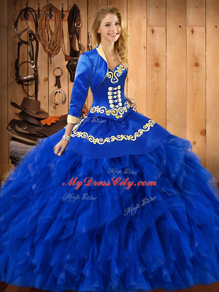 Deluxe Satin and Organza Sleeveless Floor Length Vestidos de Quinceanera and Embroidery and Ruffles