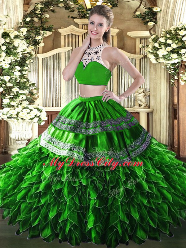 Green High-neck Neckline Beading and Ruffles 15 Quinceanera Dress Sleeveless Backless