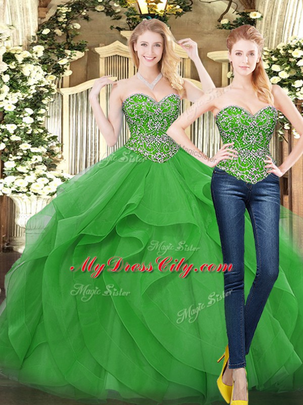 Green Tulle Lace Up Sweetheart Sleeveless Floor Length Vestidos de Quinceanera Beading and Ruffles