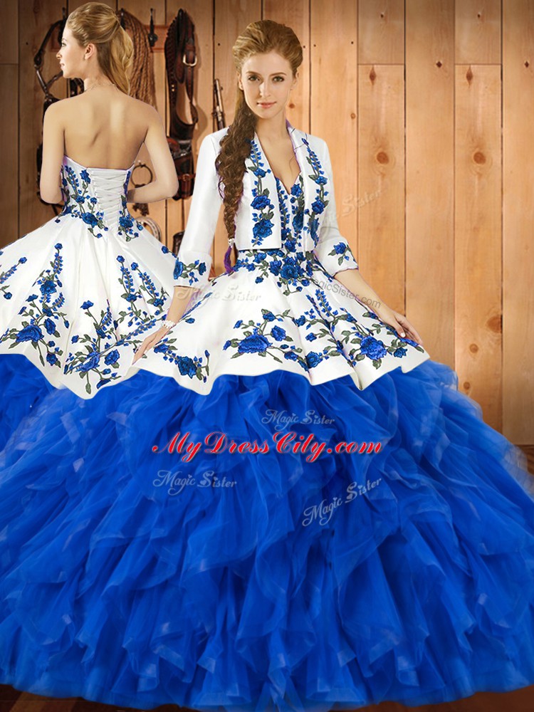 Decent Sleeveless Embroidery and Ruffles Lace Up Quince Ball Gowns