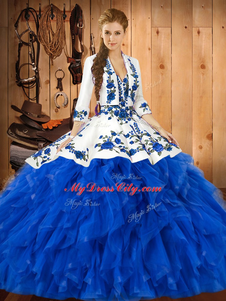 Decent Sleeveless Embroidery and Ruffles Lace Up Quince Ball Gowns