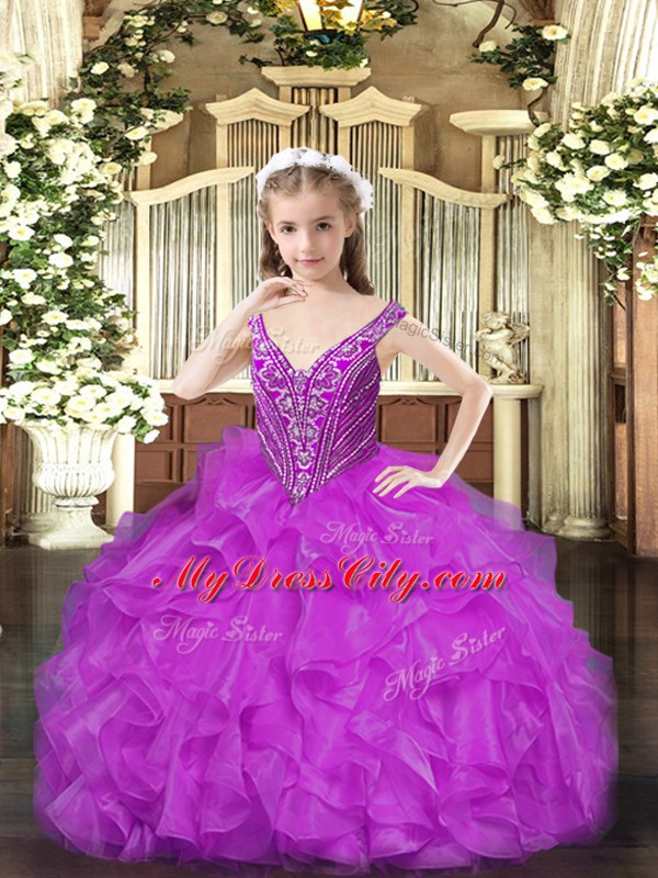 Simple Purple Sleeveless Floor Length Beading and Ruffles Lace Up Girls Pageant Dresses