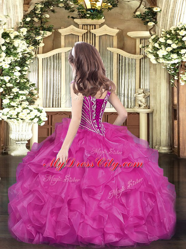 Simple Purple Sleeveless Floor Length Beading and Ruffles Lace Up Girls Pageant Dresses