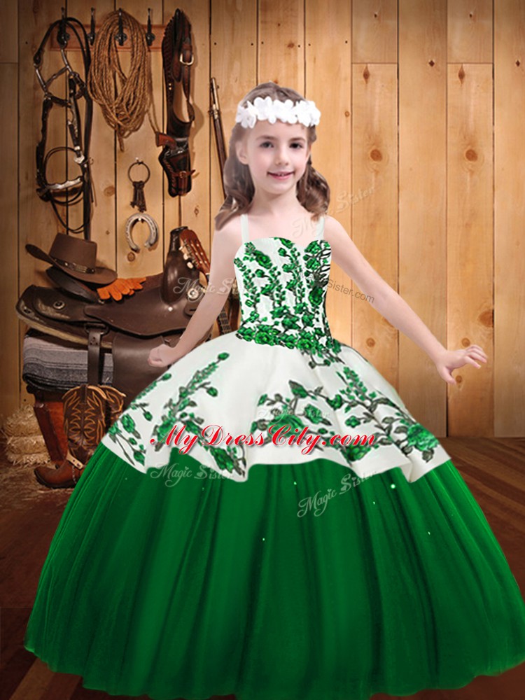 Hot Selling Dark Green Straps Neckline Embroidery Pageant Dresses Sleeveless Lace Up