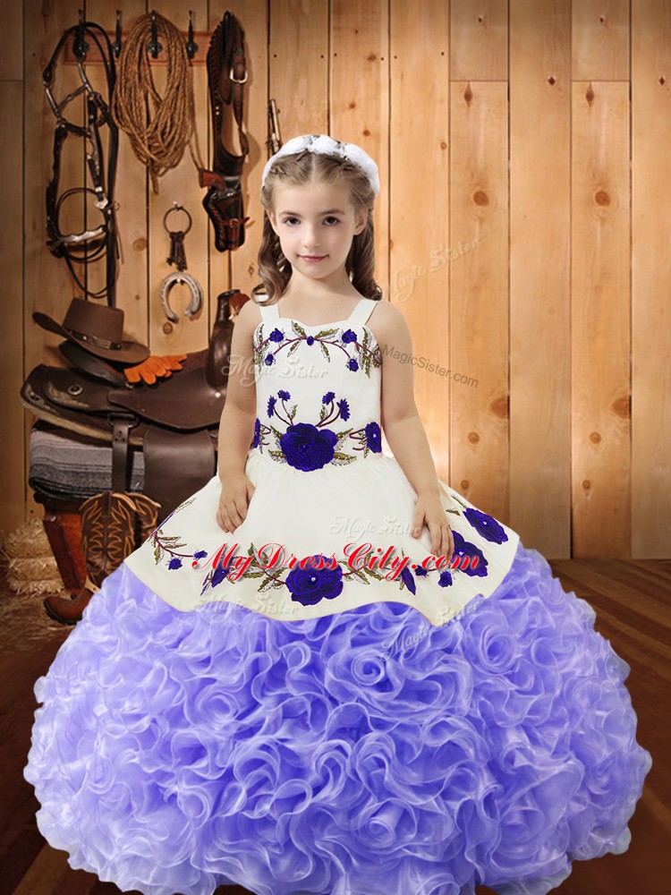 Embroidery and Ruffles Pageant Dress Womens Lavender Lace Up Sleeveless Floor Length