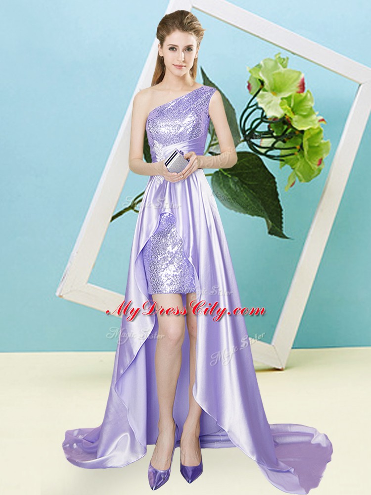 Traditional Lavender One Shoulder Neckline Sequins Evening Dress Sleeveless Lace Up