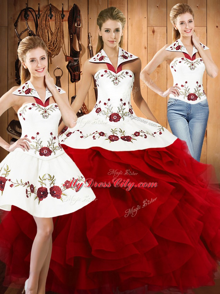 Wine Red Satin and Organza Lace Up Quince Ball Gowns Sleeveless Floor Length Embroidery and Ruffles