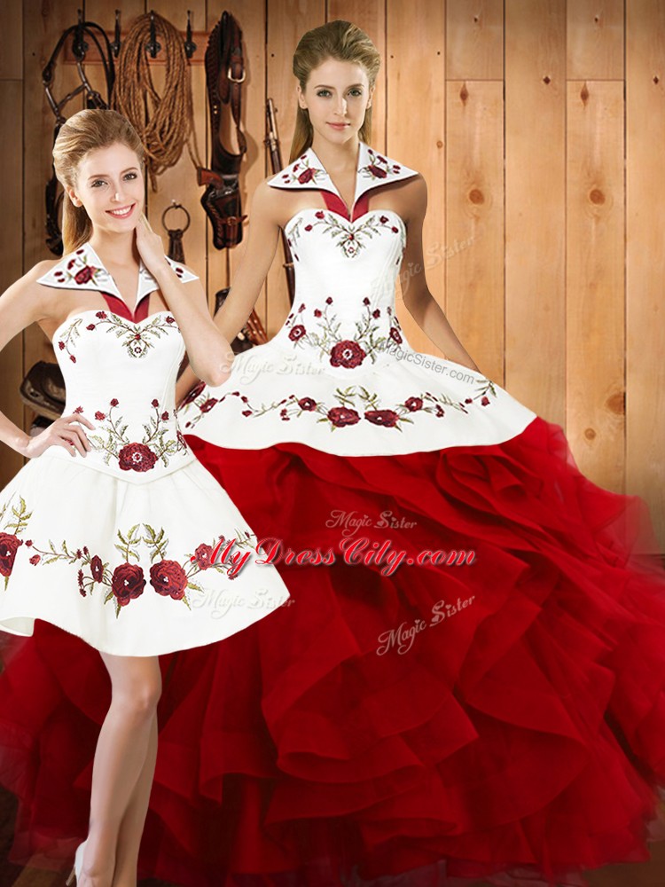 Wine Red Satin and Organza Lace Up Quince Ball Gowns Sleeveless Floor Length Embroidery and Ruffles