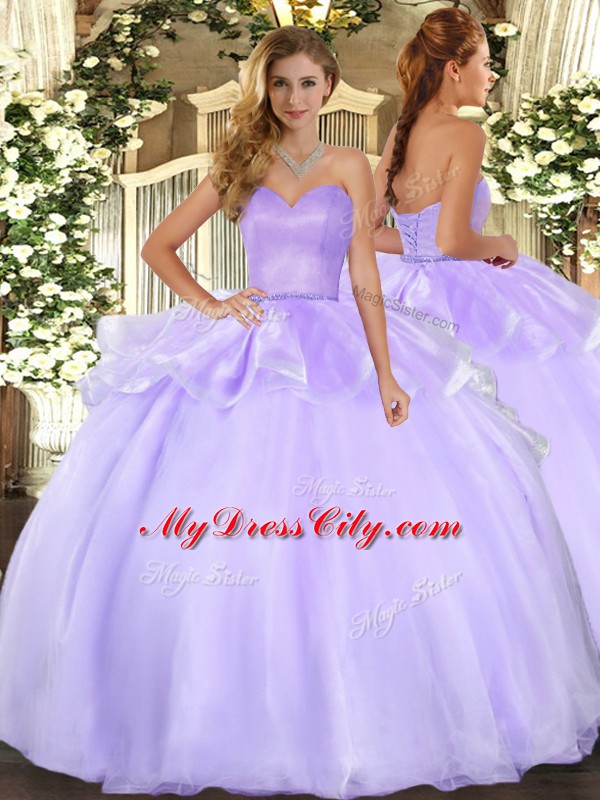 Lavender Ball Gowns Sweetheart Sleeveless Organza Floor Length Lace Up Beading and Ruffles Quince Ball Gowns