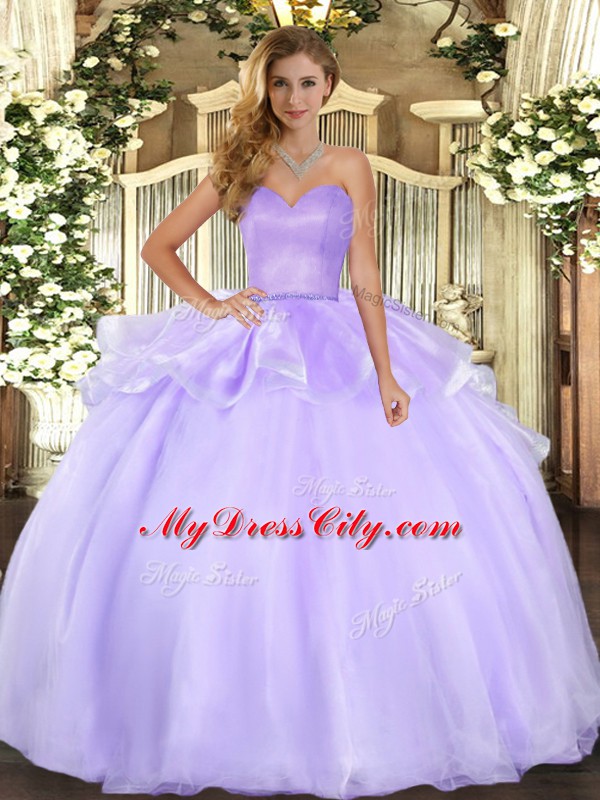 Lavender Ball Gowns Sweetheart Sleeveless Organza Floor Length Lace Up Beading and Ruffles Quince Ball Gowns