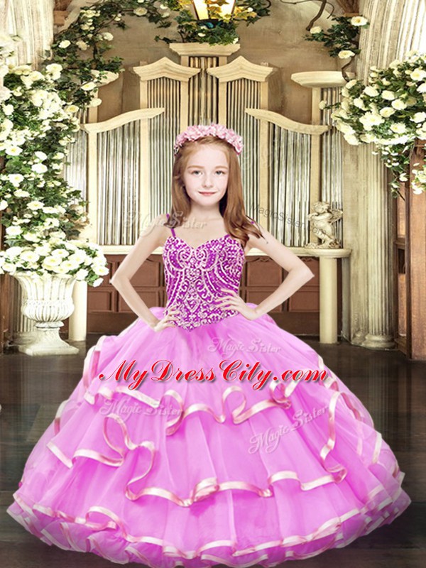 Custom Fit Sleeveless Floor Length Beading and Ruffled Layers Lace Up Glitz Pageant Dress with Lilac