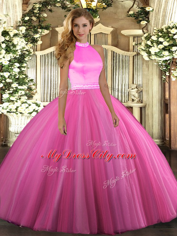 Sophisticated Floor Length Rose Pink Quinceanera Dress Tulle Sleeveless Beading