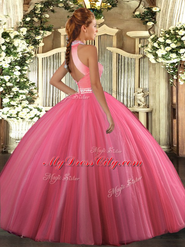 Sophisticated Floor Length Rose Pink Quinceanera Dress Tulle Sleeveless Beading