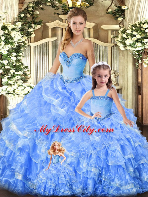 Dynamic Floor Length Lace Up Sweet 16 Quinceanera Dress Baby Blue for Military Ball and Sweet 16 and Quinceanera with Beading and Ruffles