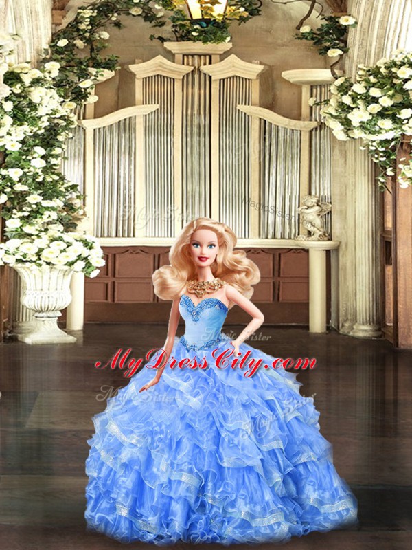 Dynamic Floor Length Lace Up Sweet 16 Quinceanera Dress Baby Blue for Military Ball and Sweet 16 and Quinceanera with Beading and Ruffles