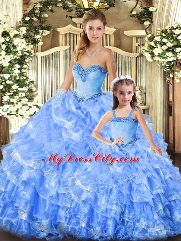 Dynamic Floor Length Lace Up Sweet 16 Quinceanera Dress Baby Blue for Military Ball and Sweet 16 and Quinceanera with Beading and Ruffles