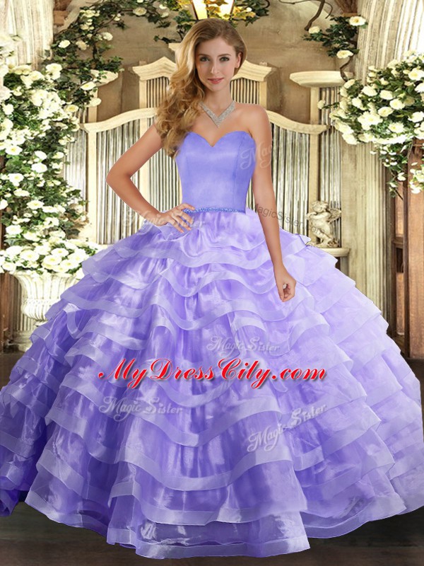 Lavender Ball Gowns Organza Sweetheart Sleeveless Ruffled Layers Floor Length Lace Up Quinceanera Gown