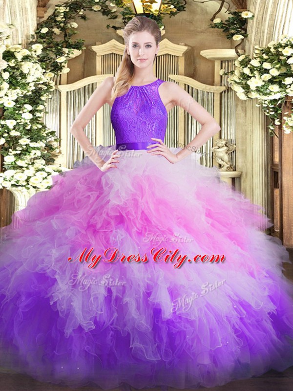 Glorious Multi-color Organza Zipper Scoop Sleeveless Floor Length Ball Gown Prom Dress Ruffles