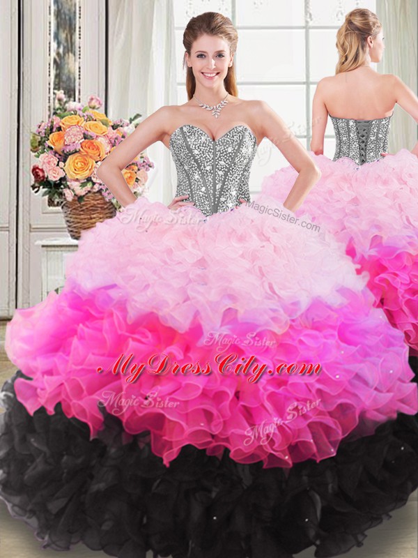 Clearance Multi-color Organza Lace Up Sweetheart Sleeveless Floor Length Sweet 16 Quinceanera Dress Beading and Ruffles