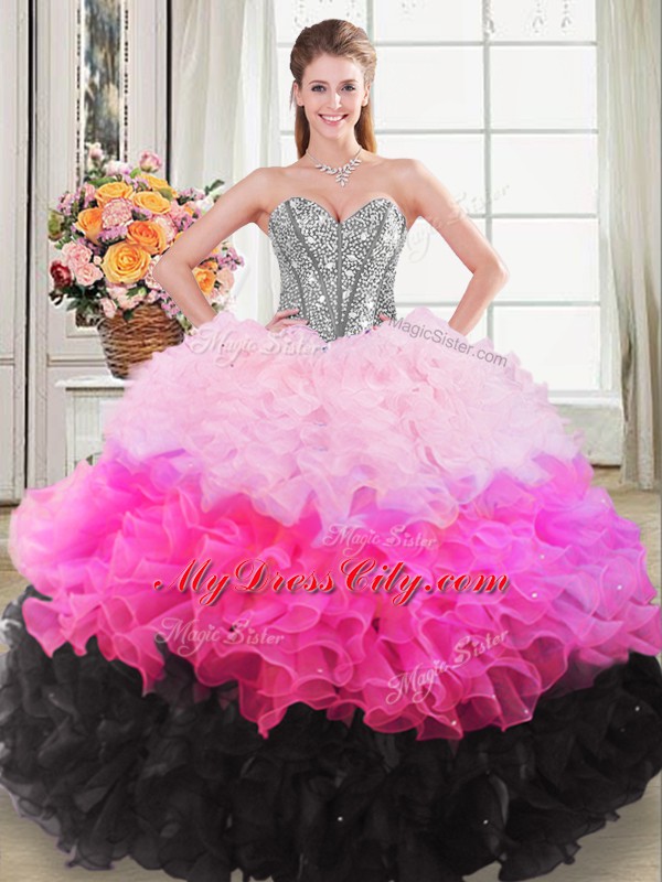 Clearance Multi-color Organza Lace Up Sweetheart Sleeveless Floor Length Sweet 16 Quinceanera Dress Beading and Ruffles