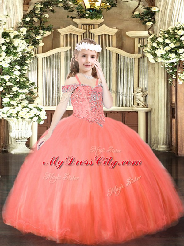 Best Coral Red Tulle Lace Up Little Girls Pageant Dress Sleeveless Floor Length Beading