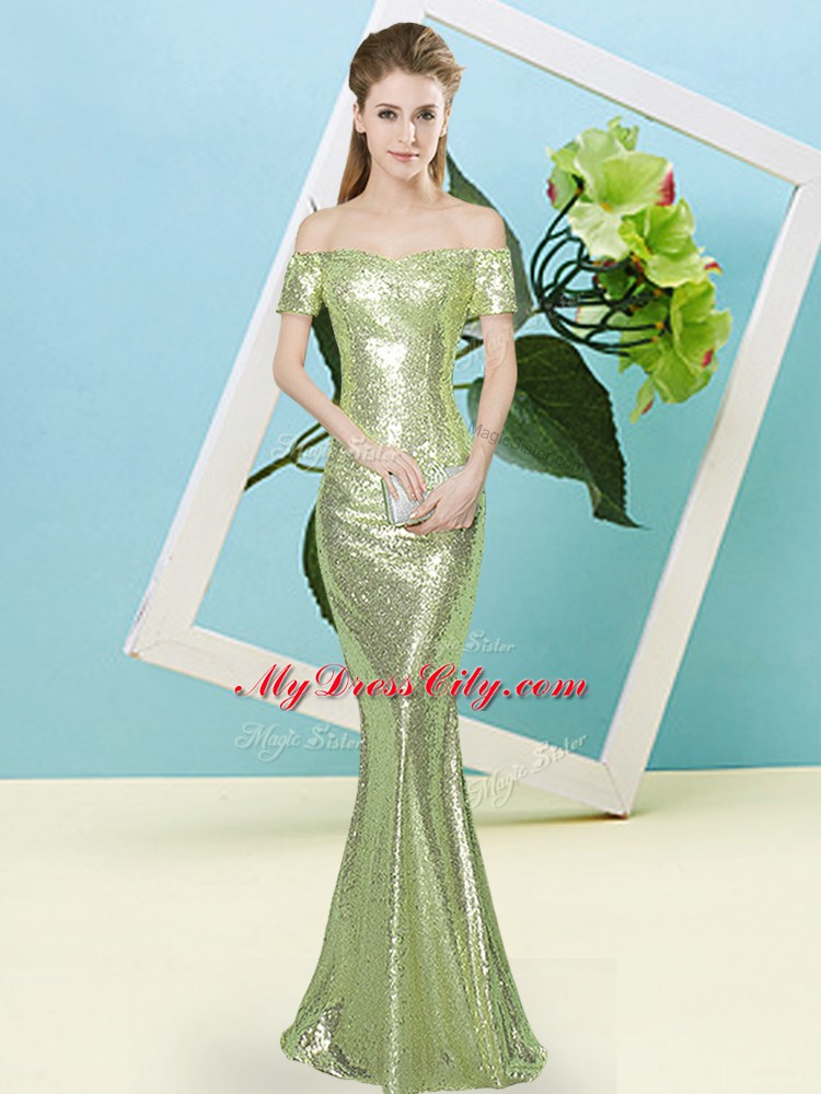 Sequined Short Sleeves Floor Length Dress for Prom and Sequins