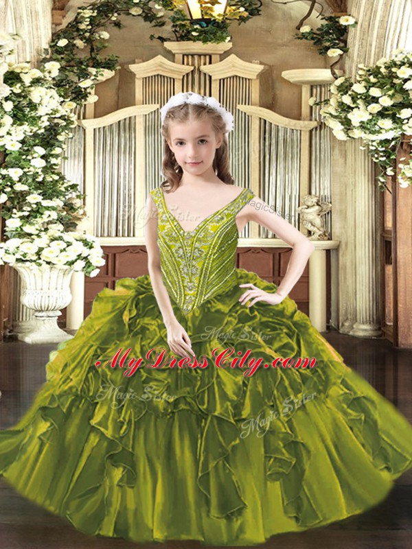 Olive Green Ball Gowns V-neck Sleeveless Organza Floor Length Lace Up Beading and Ruffles Pageant Dress Wholesale