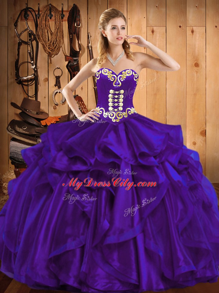 Colorful Purple Organza Lace Up Sweetheart Sleeveless Floor Length 15 Quinceanera Dress Embroidery and Ruffles