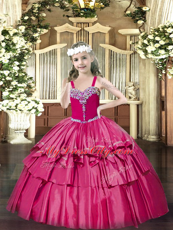 Custom Fit Hot Pink Ball Gowns Organza Straps Sleeveless Beading and Ruffled Layers Floor Length Lace Up Little Girl Pageant Dress