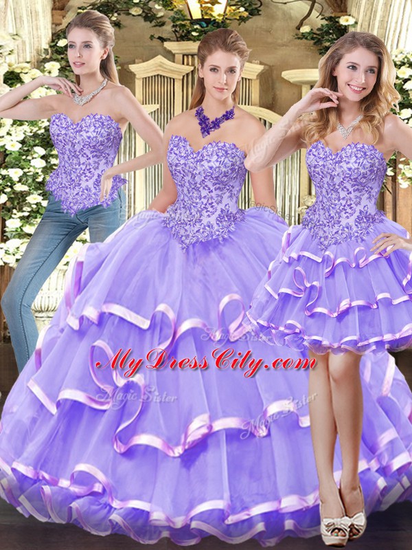 Pretty Floor Length Lavender Sweet 16 Quinceanera Dress Organza Sleeveless Appliques and Ruffled Layers