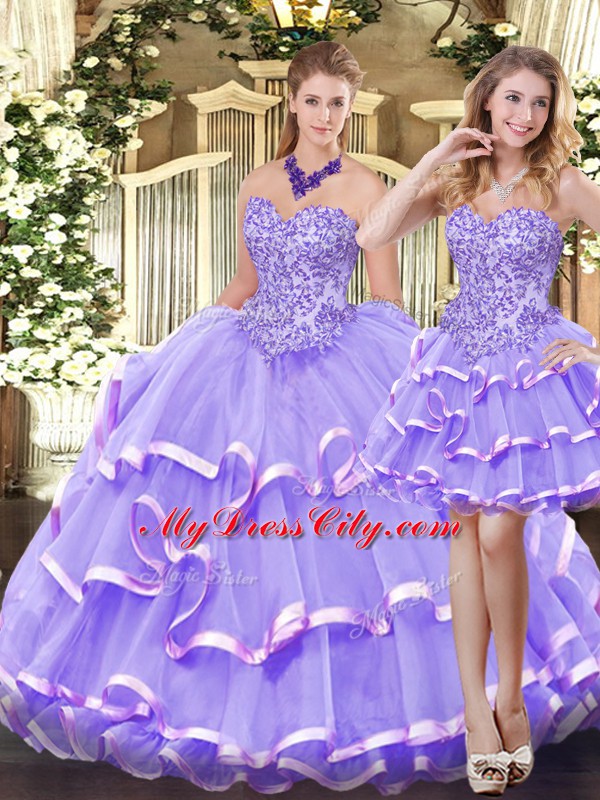 Pretty Floor Length Lavender Sweet 16 Quinceanera Dress Organza Sleeveless Appliques and Ruffled Layers