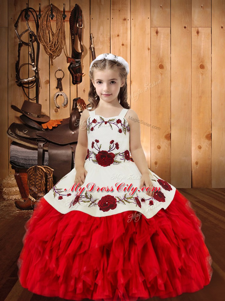 Straps Sleeveless Organza Pageant Dress for Teens Embroidery and Ruffles Lace Up