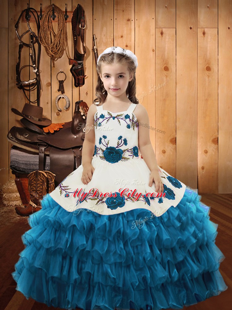 Embroidery and Ruffled Layers Little Girls Pageant Dress Teal Lace Up Sleeveless Floor Length