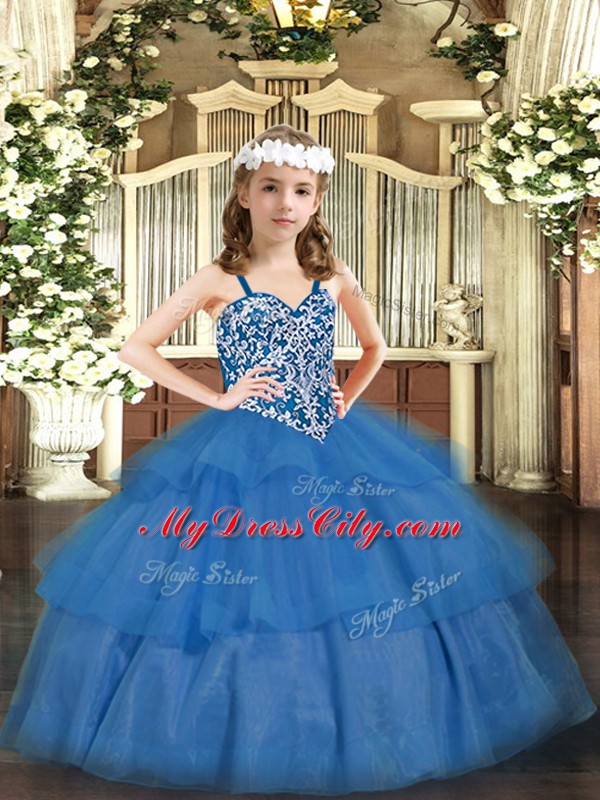 Enchanting Straps Sleeveless Lace Up Kids Formal Wear Baby Blue Organza