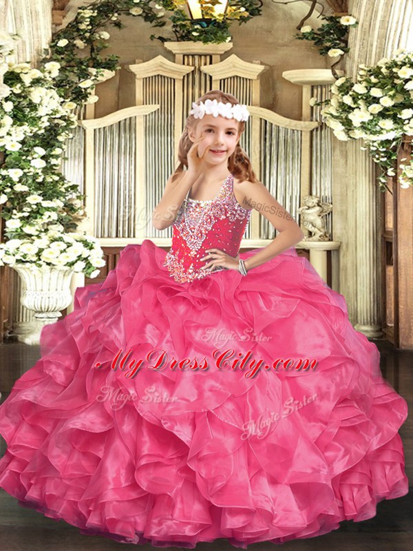 Hot Pink V-neck Neckline Beading and Ruffles Pageant Gowns For Girls Sleeveless Lace Up