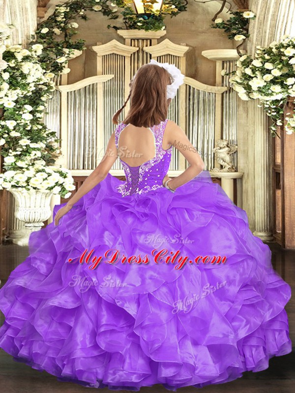 Hot Pink V-neck Neckline Beading and Ruffles Pageant Gowns For Girls Sleeveless Lace Up