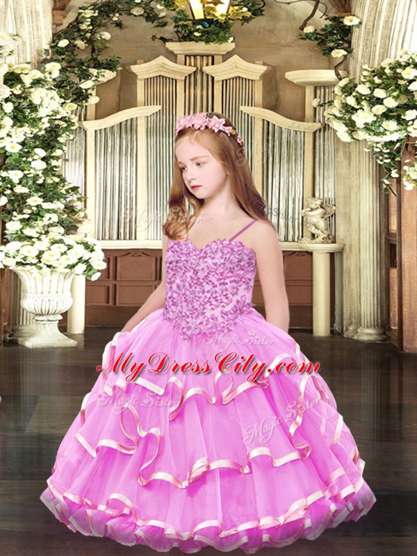 Rose Pink Sleeveless Floor Length Appliques and Ruffled Layers Lace Up Little Girl Pageant Dress