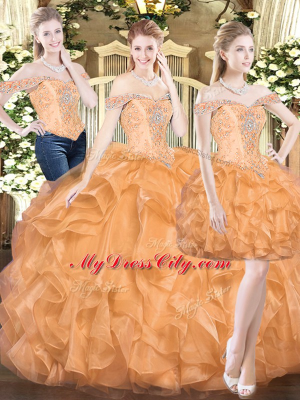 Hot Sale Off The Shoulder Sleeveless Lace Up Quinceanera Gowns Orange Red Organza