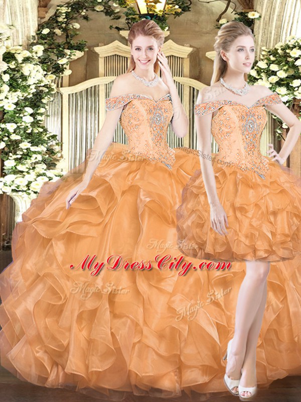 Hot Sale Off The Shoulder Sleeveless Lace Up Quinceanera Gowns Orange Red Organza