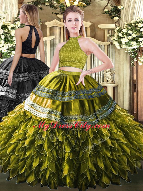 Fine Olive Green Satin and Organza Backless Halter Top Sleeveless Floor Length Sweet 16 Dresses Beading and Embroidery and Ruffles