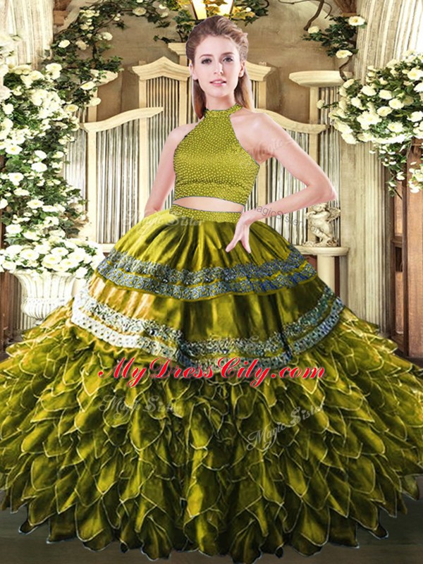 Fine Olive Green Satin and Organza Backless Halter Top Sleeveless Floor Length Sweet 16 Dresses Beading and Embroidery and Ruffles