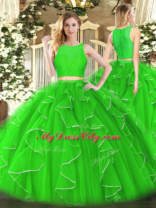 Green 15th Birthday Dress Military Ball and Sweet 16 and Quinceanera with Lace and Ruffles Scoop Sleeveless Zipper