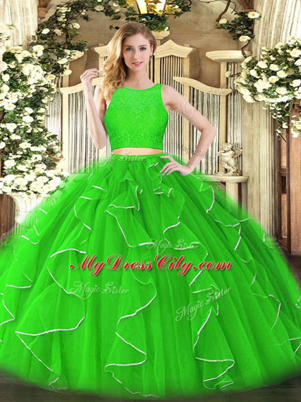 Green 15th Birthday Dress Military Ball and Sweet 16 and Quinceanera with Lace and Ruffles Scoop Sleeveless Zipper