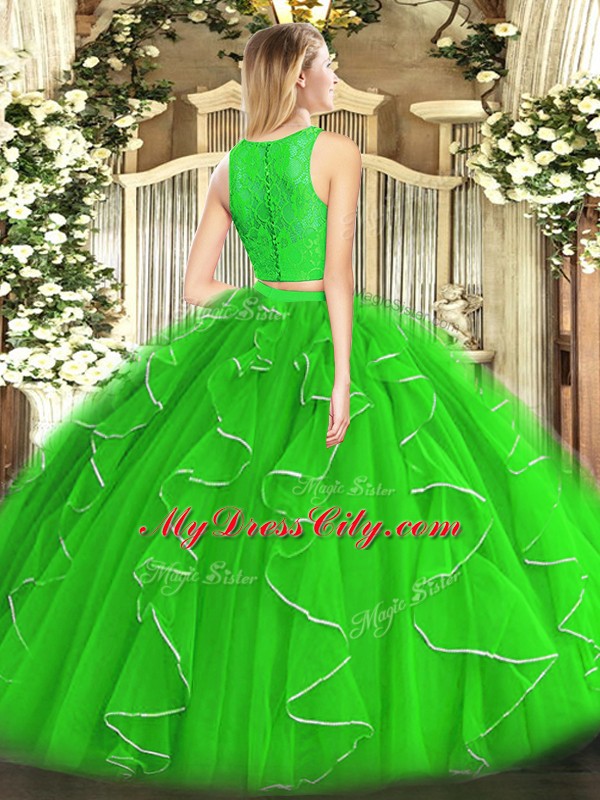 Green 15th Birthday Dress Military Ball and Sweet 16 and Quinceanera with Lace and Ruffles Scoop Sleeveless Zipper