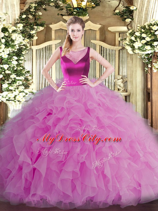 Fantastic Floor Length Lilac Quinceanera Dress Organza Sleeveless Beading and Ruffles