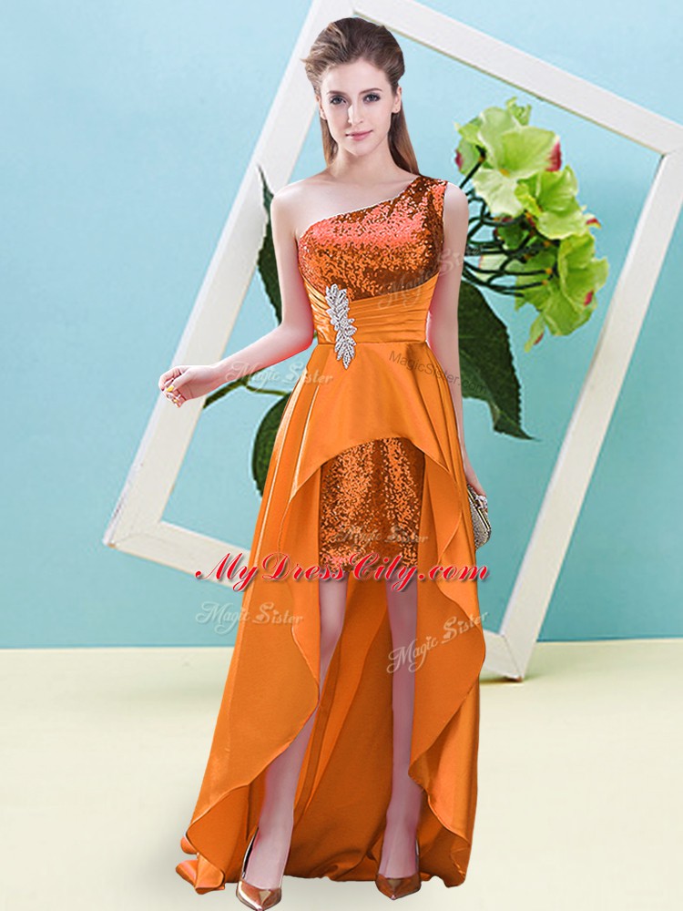 Cheap Sleeveless Elastic Woven Satin and Sequined High Low Lace Up Evening Dress in Orange with Beading and Sequins